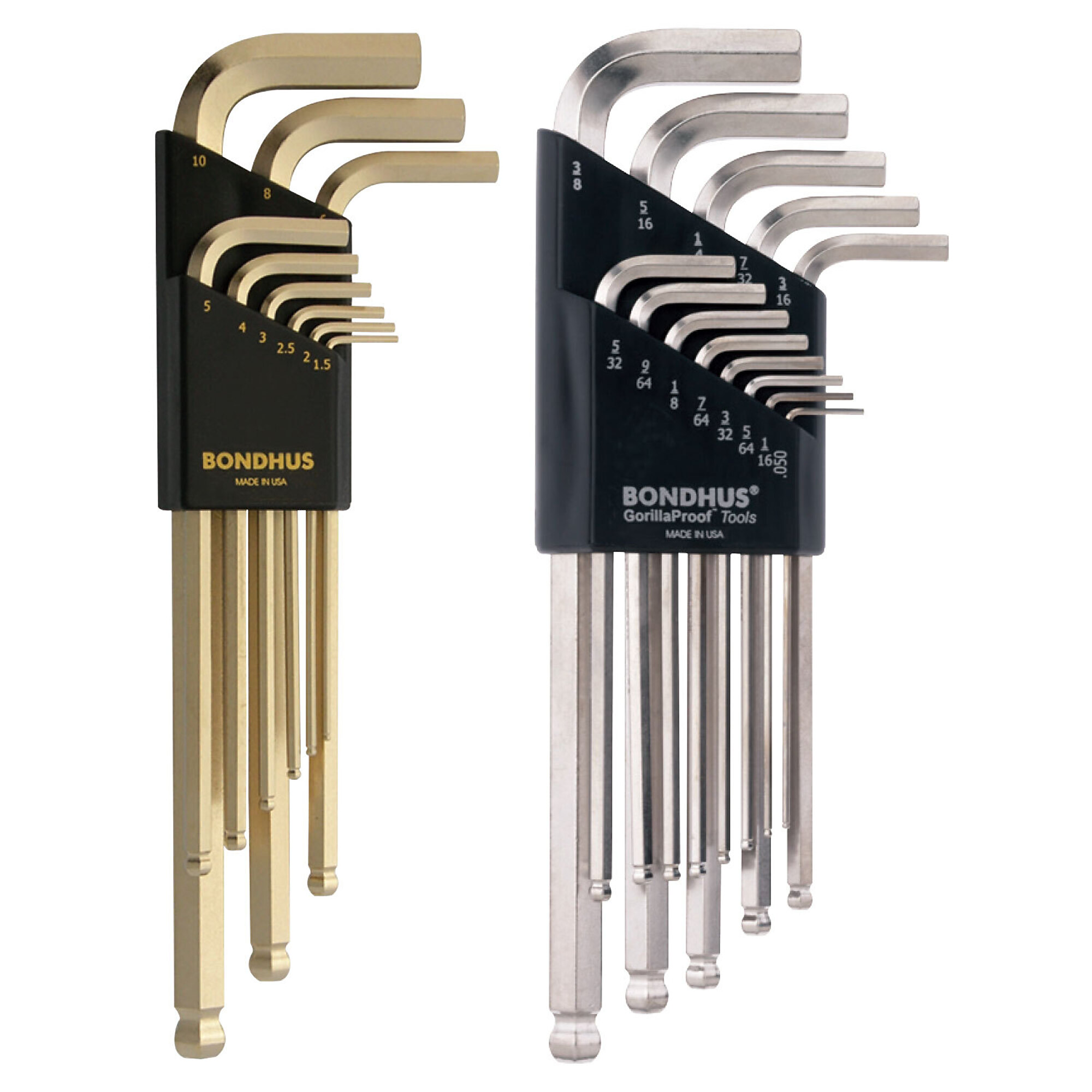 Bondhus Ball End Inch and Metric L-wrench Sets with BriteGuard Finish, .050-3/8" with BriteGuard Finish and 1.5-10mm with GoldGuard Finish, Model 20399